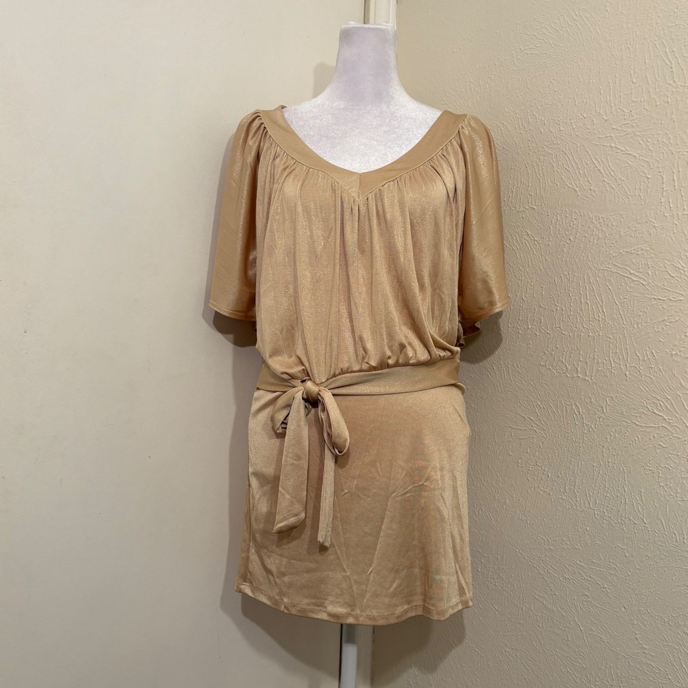 Y2K Gold Metallic Glitter V-Neck Drop Waist Mini Dress Short Sleeve Tie Waist L